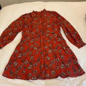 LOFT - Burnt Orange Floral Full Button Long Sleeve Dress - 12P - IT HAS POCKETS!